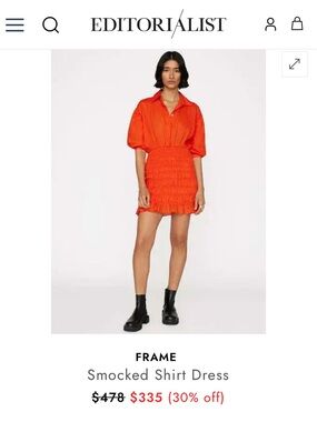 -FRAME- Smocked Shirt dress- Linen Red Shirred Mini 100% cotton